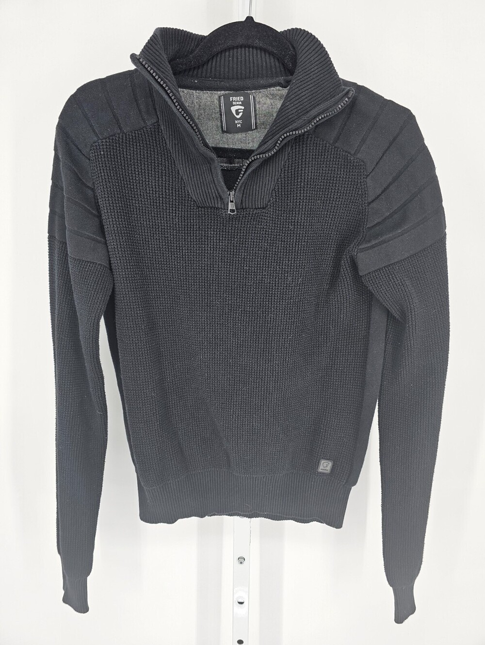 Fried Denim NYC Mens Sz M 1/4 Zip Pullover Sweater Black Textured